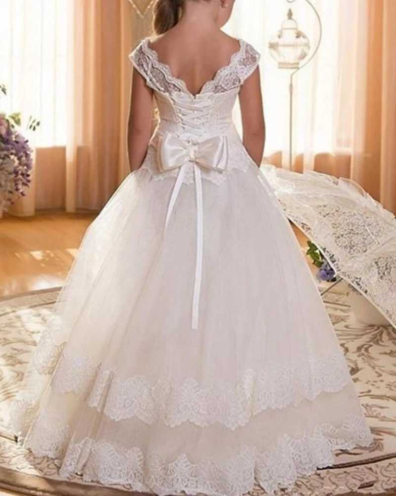 White first backless lace applique bow long flower girl wedding dress Par birthday dress W250326