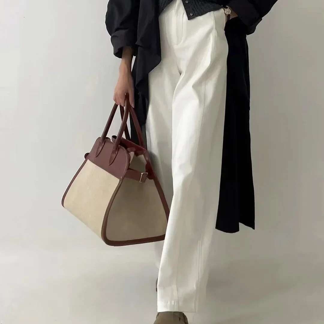Leather Tote Bag Cowhide On Canvas Sense Odvanced Large Capacity Commuter Handbag