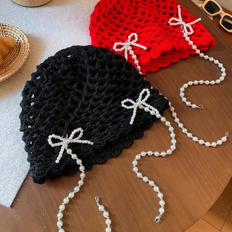 DIY Pearl Bow Pendant Hollow Handmade Knitted Pullover Hat Street Breathable Short Brim Personalized Skull Beanie Cap Korean 250321