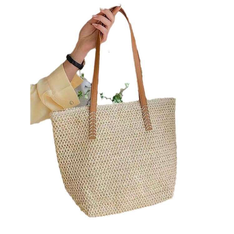 Grass bags for vacation, summer woven bags, large capacity female students, one shoulder portable casual French tote bag