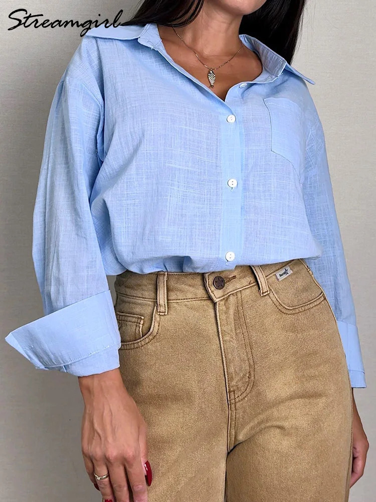 Blue Oversize Women Cotton Linen Shirts And Blouses Long Sleeve Summer Basic White Office Women Shirts Loose Top For Woman Linen 250325