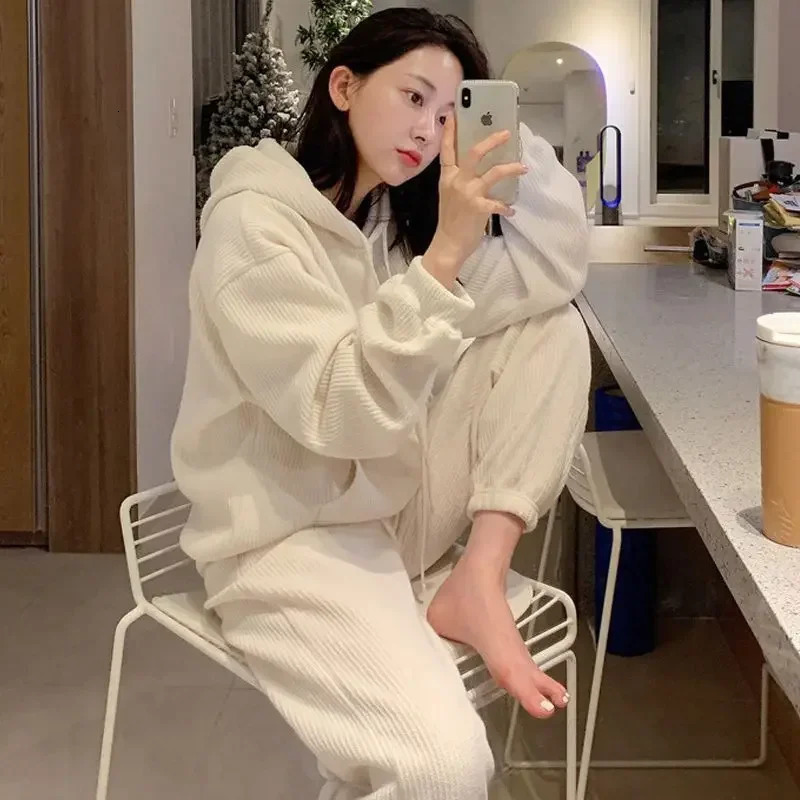 Casual sportswear womens winter Korean style loose waffle hooded jacket wide leg pants lazy style two-piece set 250320