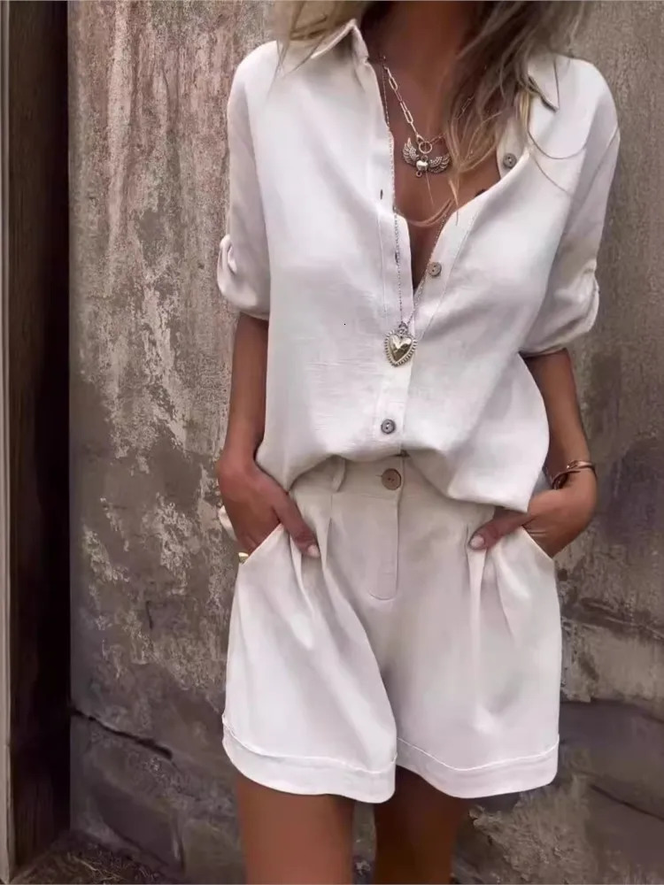 Women Casual Solid Set Fashion Short Sleeve Button Shirt Tops And Shorts Two Piece Sets Lady Summer Sports Womens Clothing 250320