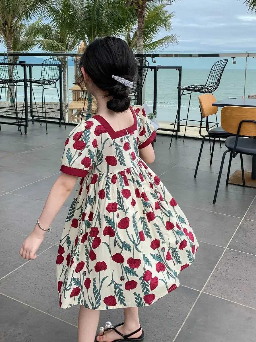 Childrens girls floral print dress 2024 new arrival Childrens princess rose print summer dress Youth girls sweet bow dress W250326