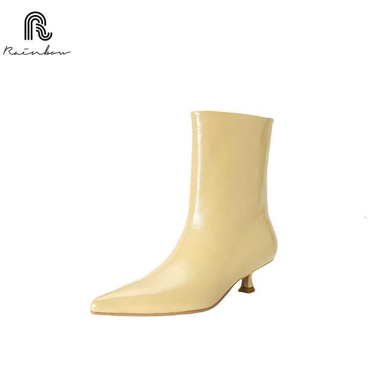 RAINBOW 34-39 Women Ankle Boots Real Leather Kitten Mid Heels Shoes 2025 Winter Ins Fashion Pointy Office Lady Daily Dress