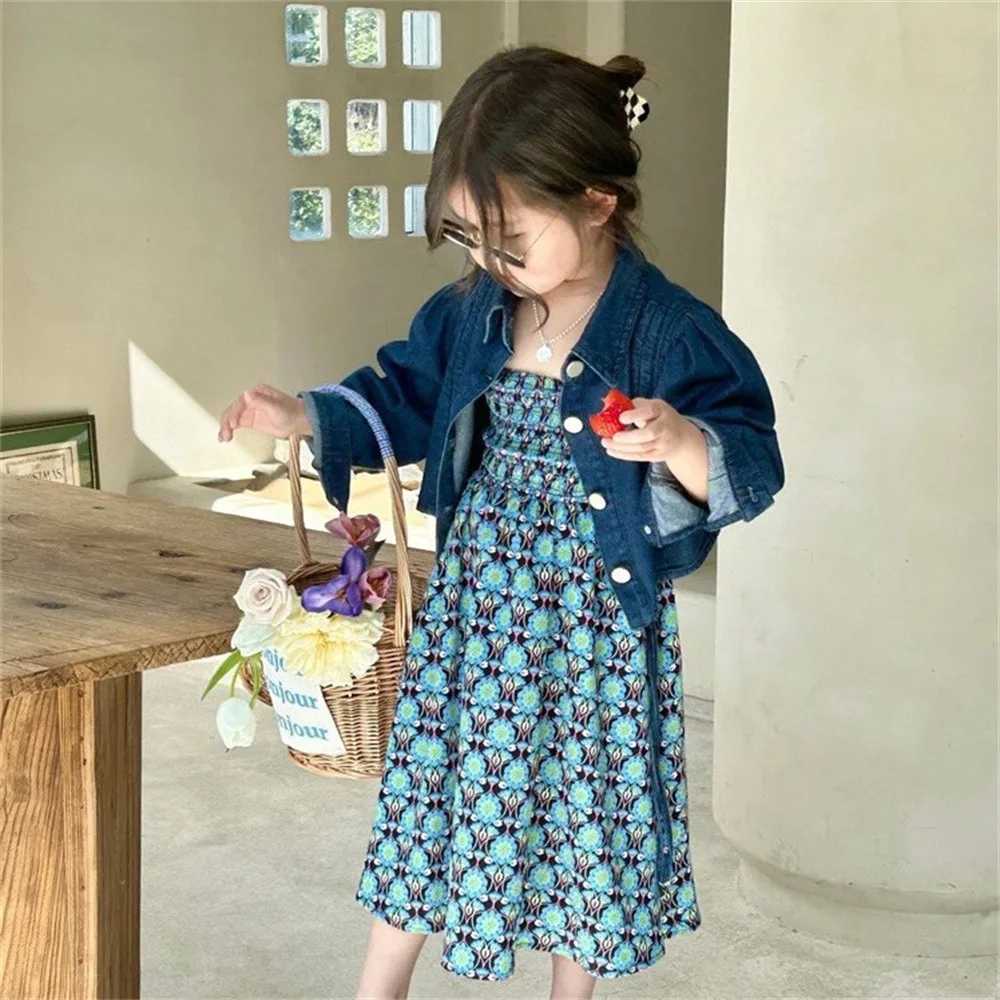 Girls casual dress girls summer new Korean holiday sled blue print suspender princess dress 2-7-year-old baby girls clothing W250326
