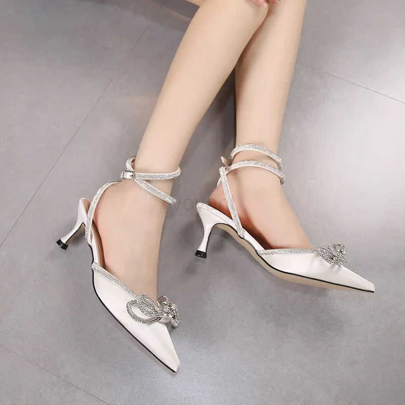 Black/White Glitter Rhinestone Wen Pumps Crystal Bowknot Summer Ladies Sandals Shoes 7CM High H Par Pr Wedding Shoes Z250326