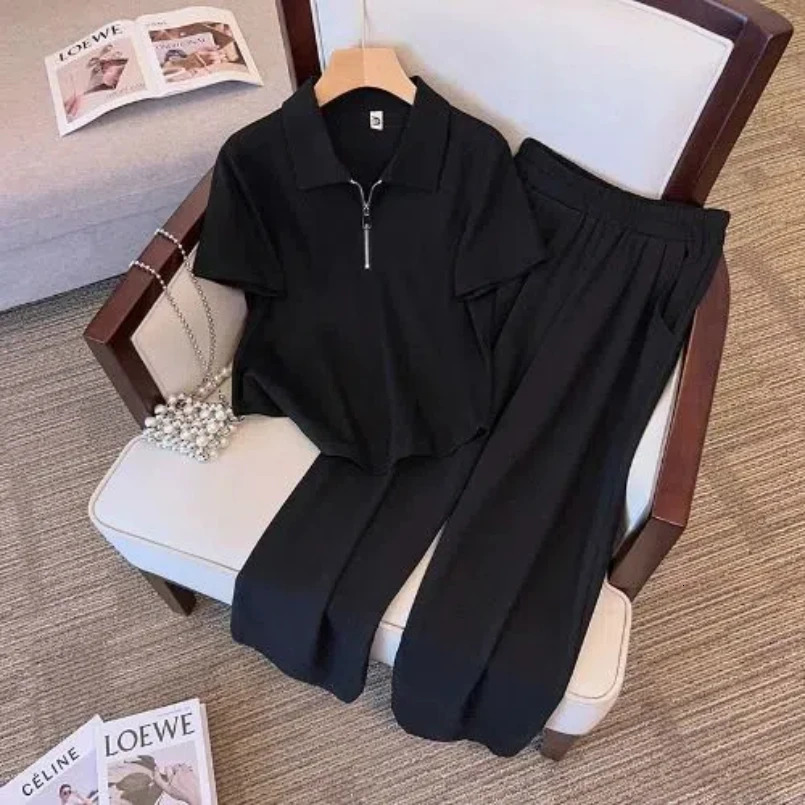 Fashion Sports Suit for Women in Spring and Summer Stylish and Age Reducing Polo Collar Top Casual Pants Two-piece Set 250320