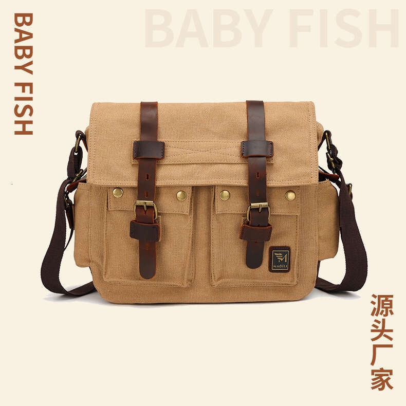 Wind canvas with crazy horse leather men's shoulder bag, unisex versatile casual bag