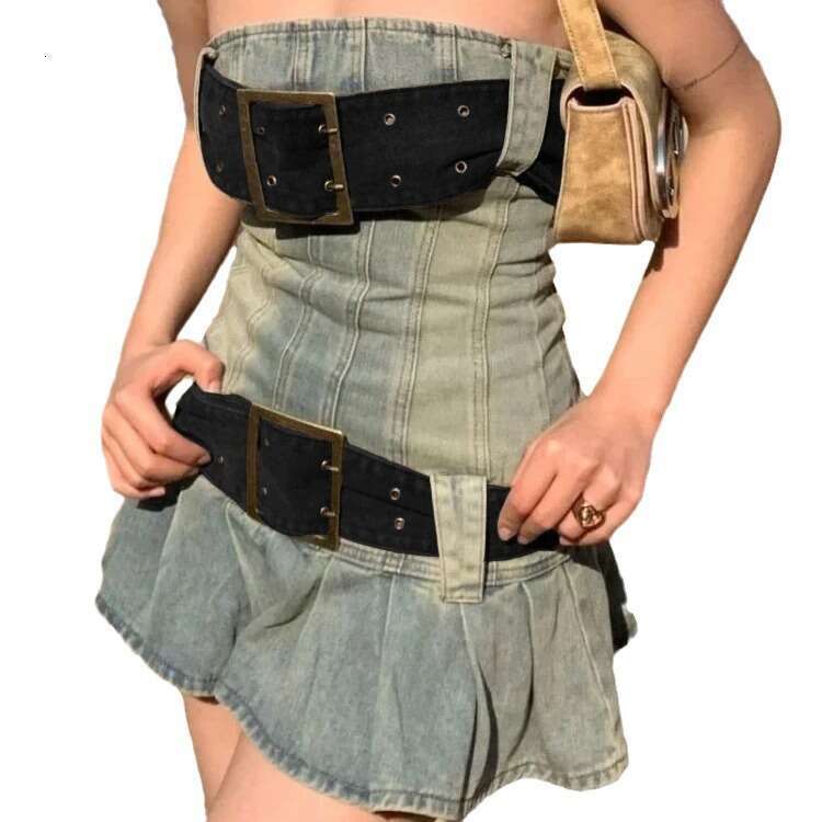 Jaded London Denim Dress Y2k Washed And Worn One Shoulder Spicy Girl Pleated Short Skirt