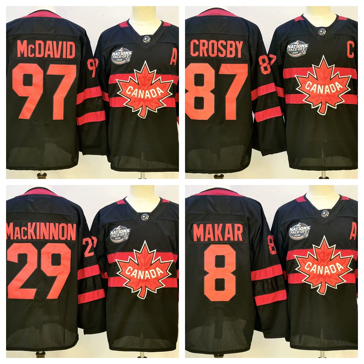 Team Canada Mcdavid 97 Crosby 87 Mackinnon 29 Makar 8 Marner 16 Marchard 63 4 Nations Jersey 2025 4NF Hockey Jerseys Red Black Color Size S-XXXL Stitched Men's Jersey