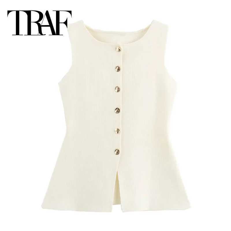 TRAF Womens Knitted Vest Womens Button Sleeveless Vest Womens Summer Knitted Womens Customized Vest Elegant Womens Coat M250326