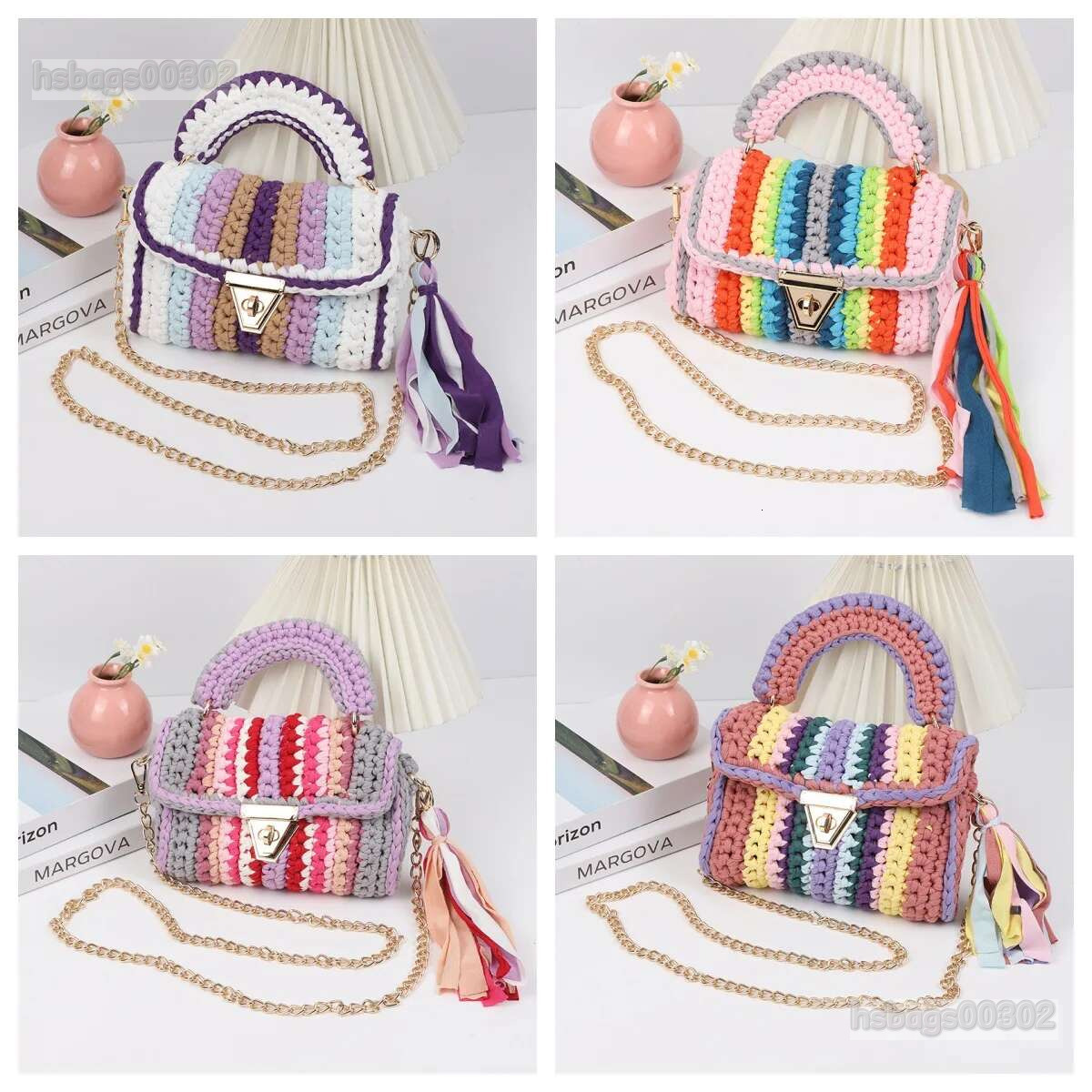 Women's Hot Selg Hand Crocheted Cloth Strip Woven Skew Cross Rainbow Color Shoulder Bag Designer Handbag