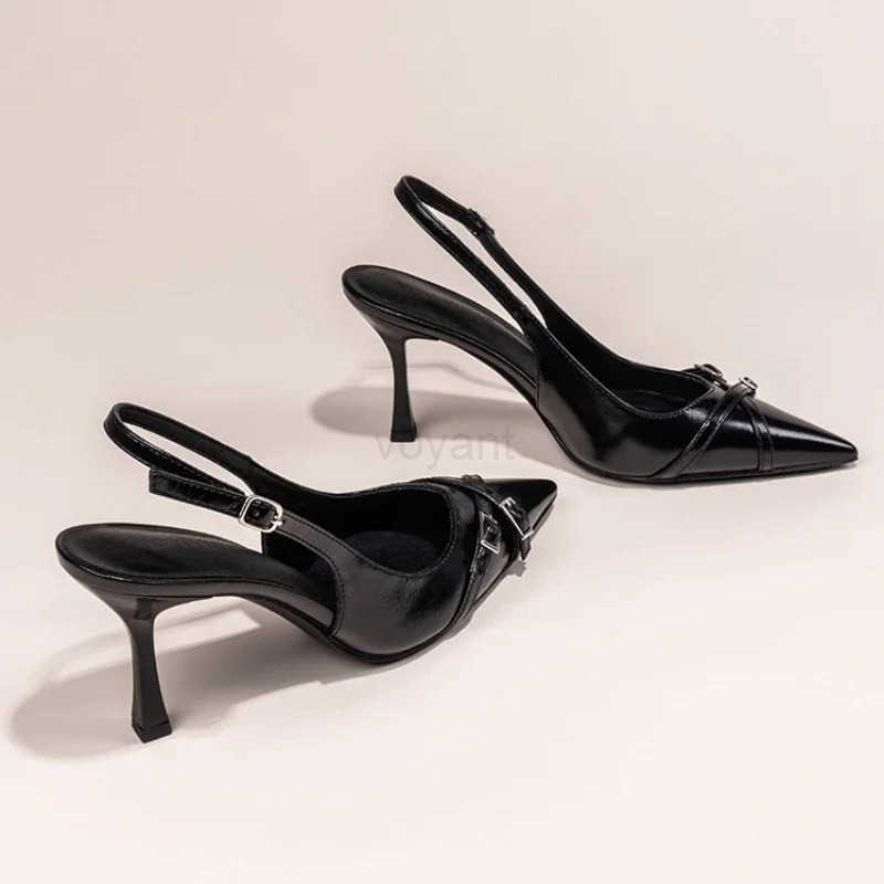 Fashionable Pointed Toe Shallow Mouth New High-heeled Shoes Summer Elegant Buckle Decorated Stiletto Black Wens Shoes NO 602 Z250326