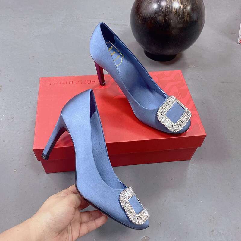 Women's New Square Button Single Silk Wedding Shoes Shallow Mouth Round Toe Thin Heel Rhie High Heels