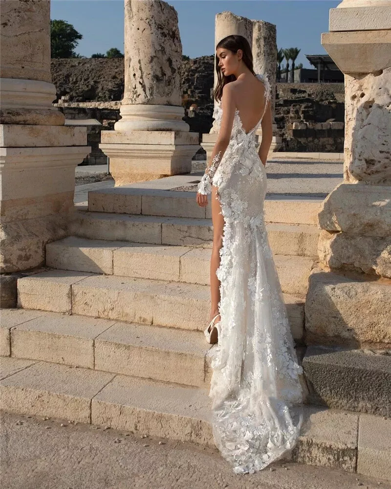 Sexy Backless Beach Wedding Dresses Side High Slit Lace Long Boho Bridal Gown With 3D Floral Appliques Transparent Full Sleeves Illusion Vestido De No