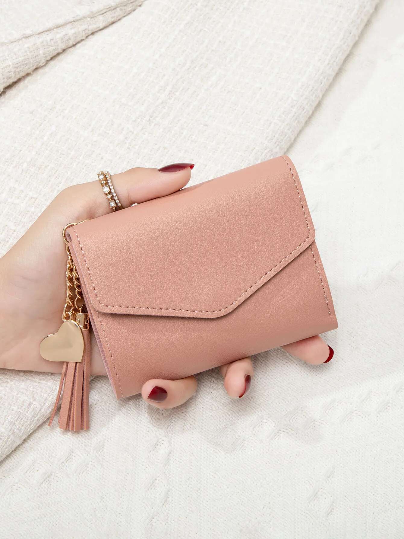 Fashionable Ultra-thin Three Fold Handheld Coin Wallet Minimalist Credit Card Holder Solid Color Tassel Pendant Short Design For Women's Designer