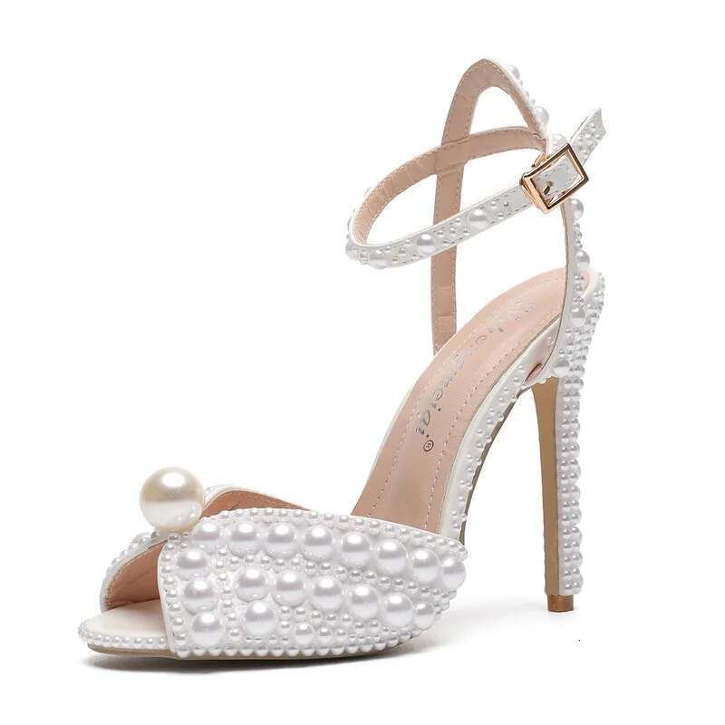 2024 Autumn New Fish High Slim Heels Shallow Mouth Water Dia Pearl Women's Single Wedding Shoes