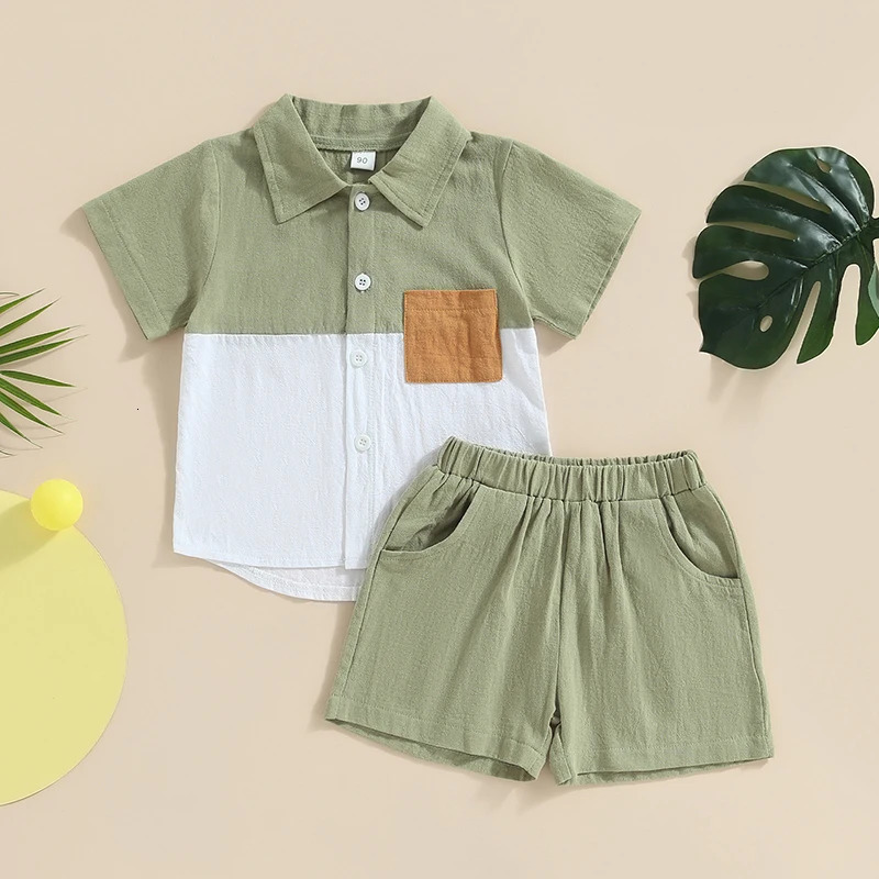 Boys Summer Fashion Set with Short Sleeve Pocket Shirt and Solid Color Shorts Turn-Down Collar Outfit for Kids 2-Piece Suit 250325