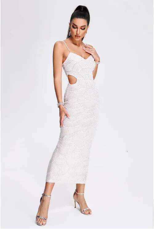 Hot Sale Women Sleeveless Sexy Strap Pearl Beading Sequins Bodycon Long Dress Celebrate Evening Party Birthday Outfit Vestido