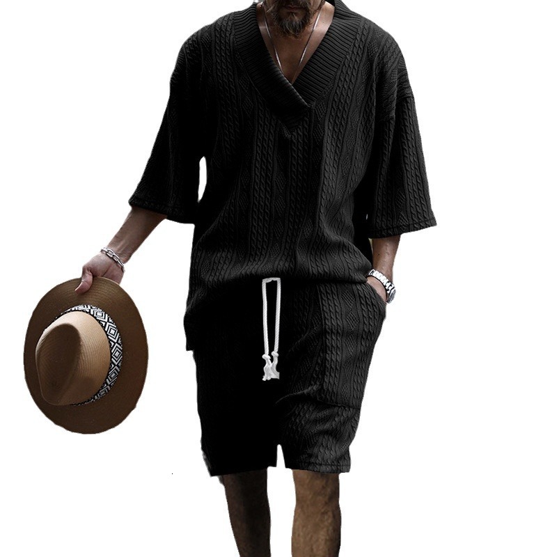 Men's short sleeved casual jacquard with 3D three-dimensional relief style men's drawstring V-neck set m090