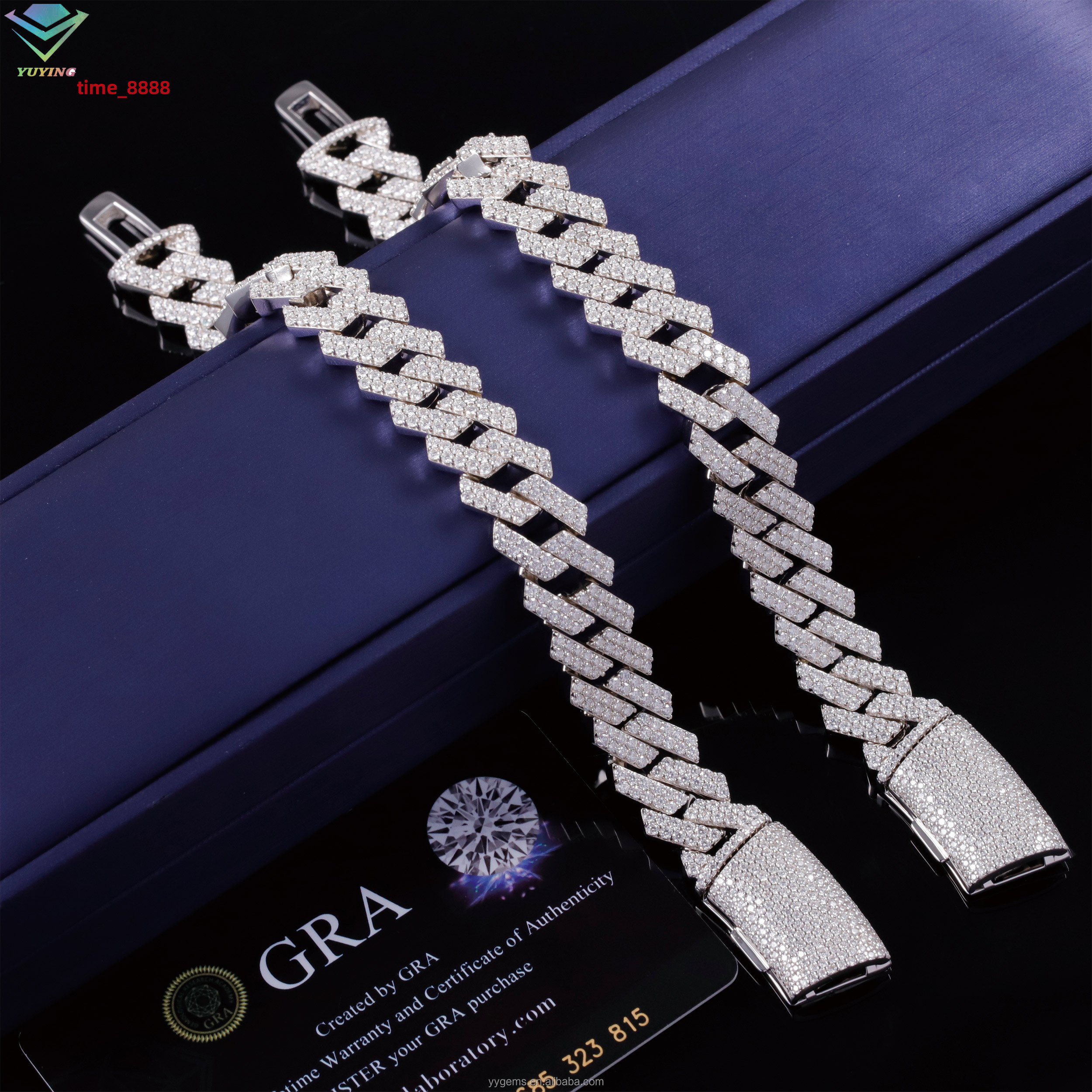 Luxury 14mm Moissanite Cuban Chain Iced Out 925 Silver 2 Rows White Gold Plated VVS Moissanite Cuban Link Chain Bracelet