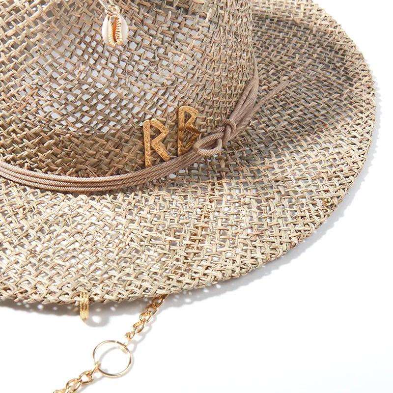 s European and American Style Pin Straw Hat Female Hollow Letter Sun Hat Fashion Metal Chain Sunshade Hat 250325