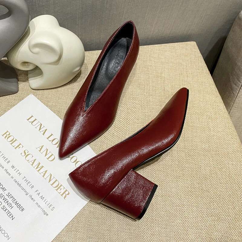 New Spring Autumn HIgh Heel Elegant Chunky High Heeeled Pumps Sexy Pointed Toe Evening Women V Cut Shoes c324