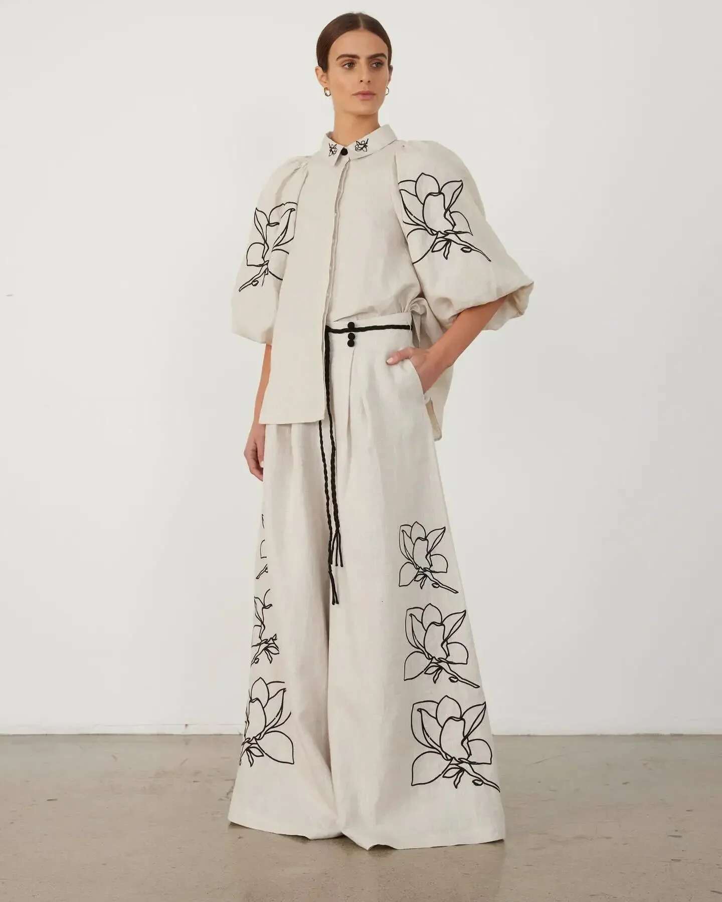 2025 Spring Cotton en Women Suit Print Wrist Sleeve Top Lace Up Wide-Leg Pants Suits Female Winter Casual Trendy Lady Clothes