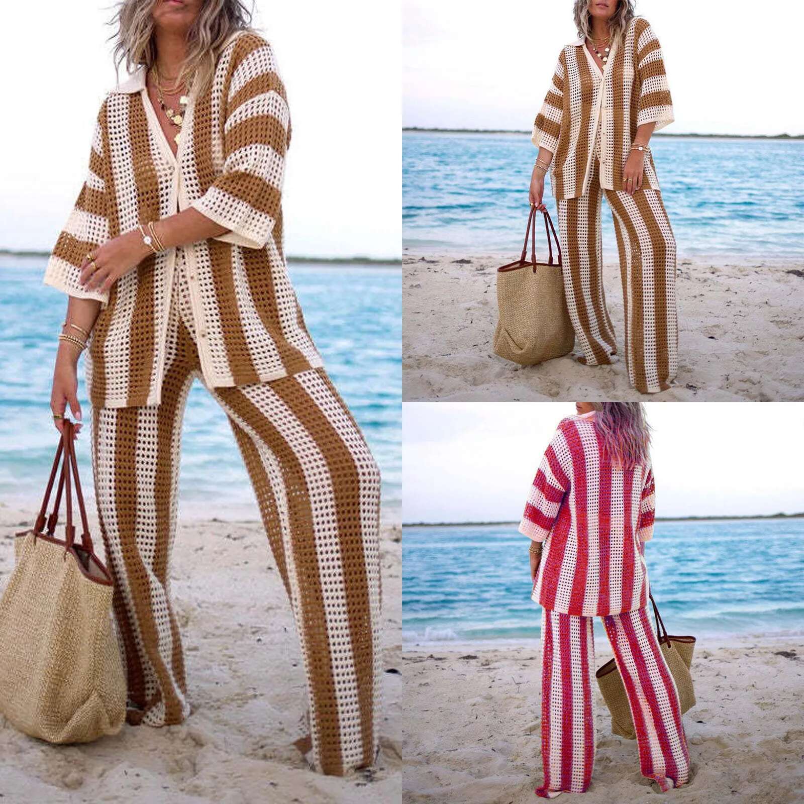 Fashion Beach Casual Women Suit Sexy Spring Summer Hollow Out V Neck Half Sleeves Wide Leg Pants Stripe Shirts Pant Sets