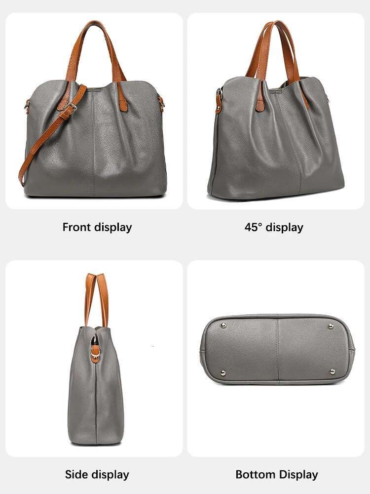 Zency Blue Genuine Leather Women Tote Bag Ruched Contrast Color Top Layer Cowhide Shoulder Crossbody Handbag Versatile Shopping