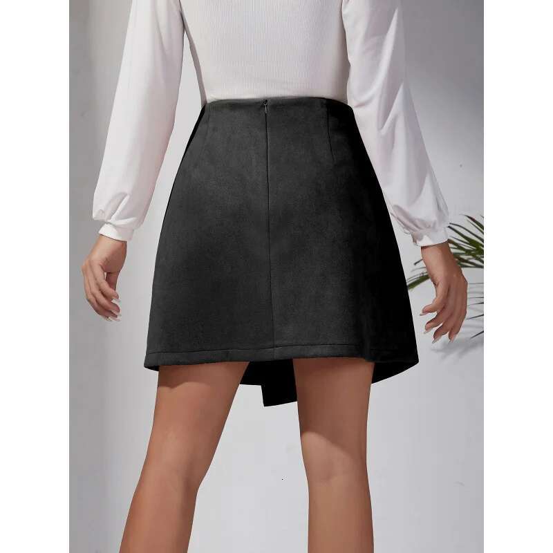 Dongdumaoyi Dames Herfst Winter Su De Asymmetrische Midi Rok Effen Kleur Hoge Taille Rits Knop Korte A