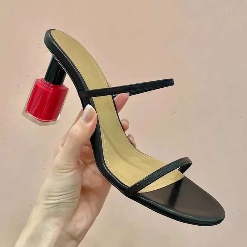 Sheepskin Nail Polish Shaped Heel Shoes High-Heeled Sandals for Women's Fashion Shows Black Thin Strap and Exposed Toes Shoe