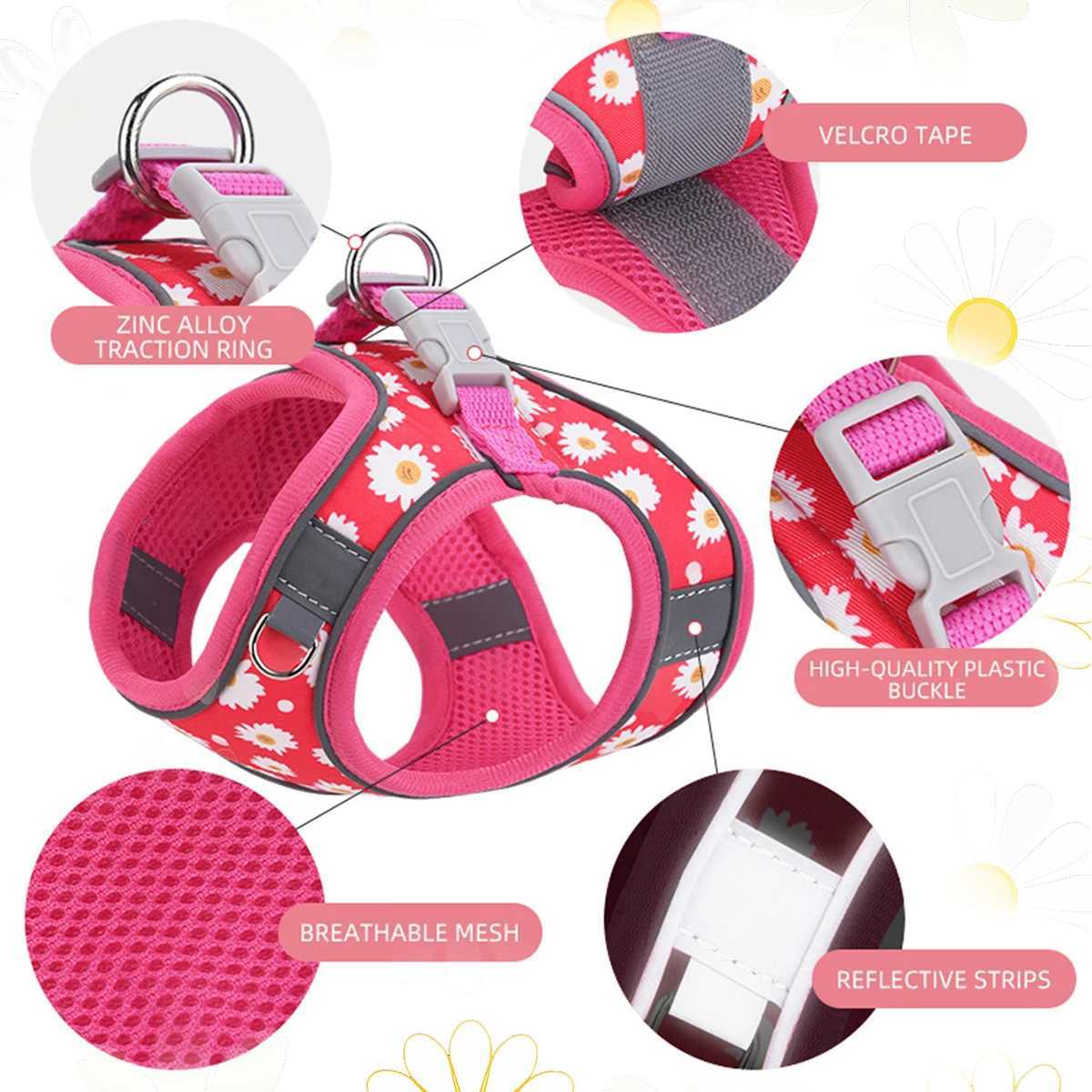HP404- Floral printed pet dog and cat harness comfortable twill fabric and breathable mesh substrate 1.5-meter dog leash. X250326