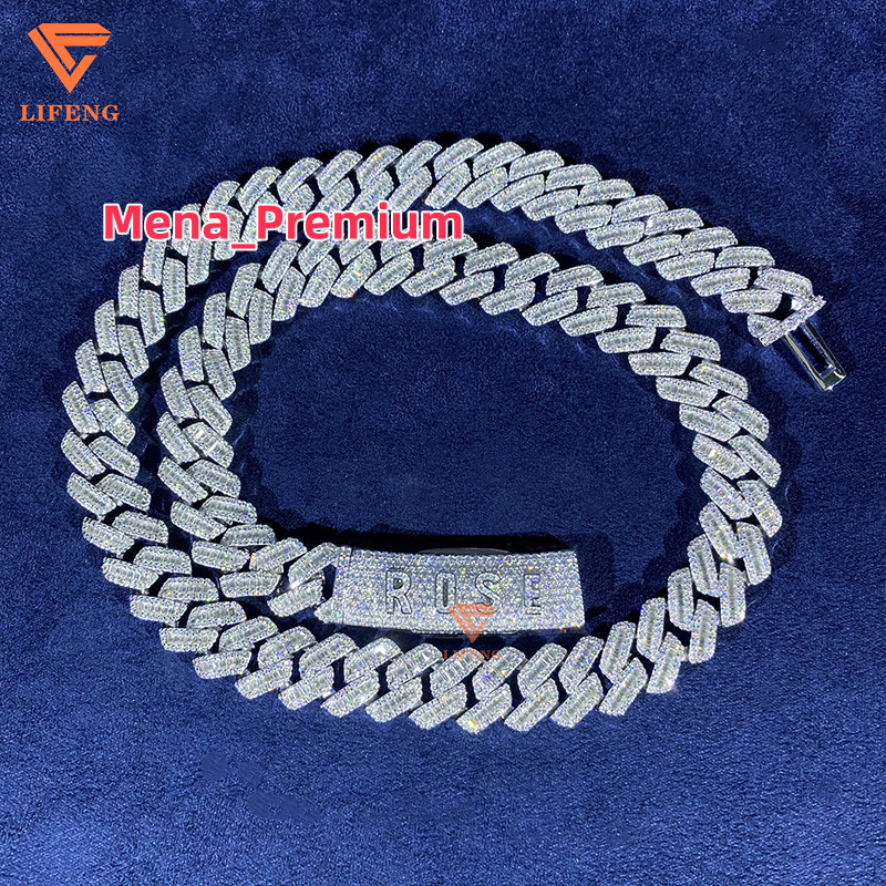 Custom Clasp Letter Fashion Cuban Link Chain 14mm Baguette Cut Moissanite White Gold Cuban Necklace 925 Sterling Silver Necklace