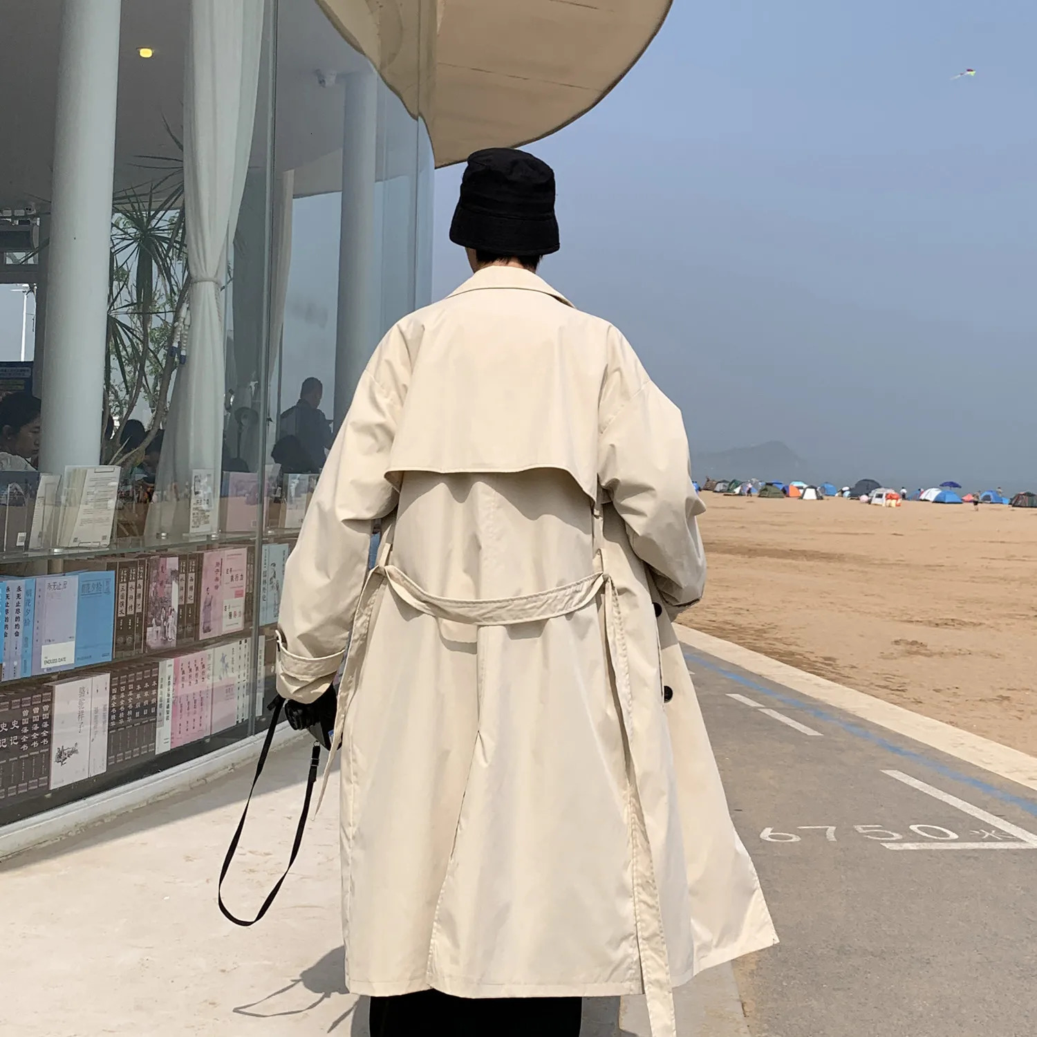 Korean spring trench coat mens street clothing windproof trench coat mens solid business casual loose long coat 250324