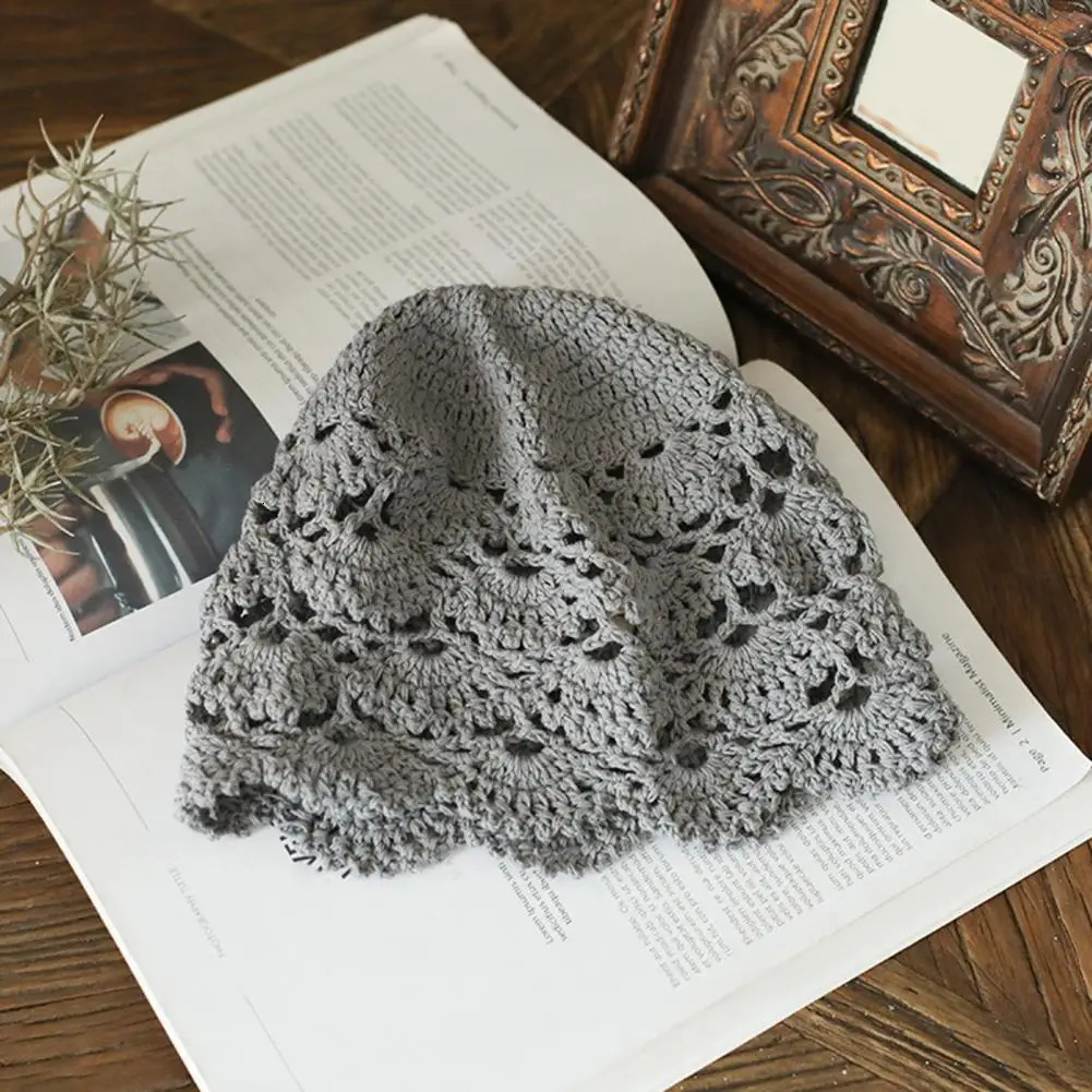 Ladies Hat Hollow Out Lace Women Jacquard Hat Soft Manual Crochet Knitted Hat Solid Color Elastic Breathable Anti-slip Cap 250321