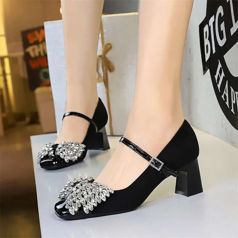 2025 Summer New Bow Tip Buckle Sexy Designer Fashion Slope Heel Shoes Women's Square Toe Solid Color Thick Heel 5