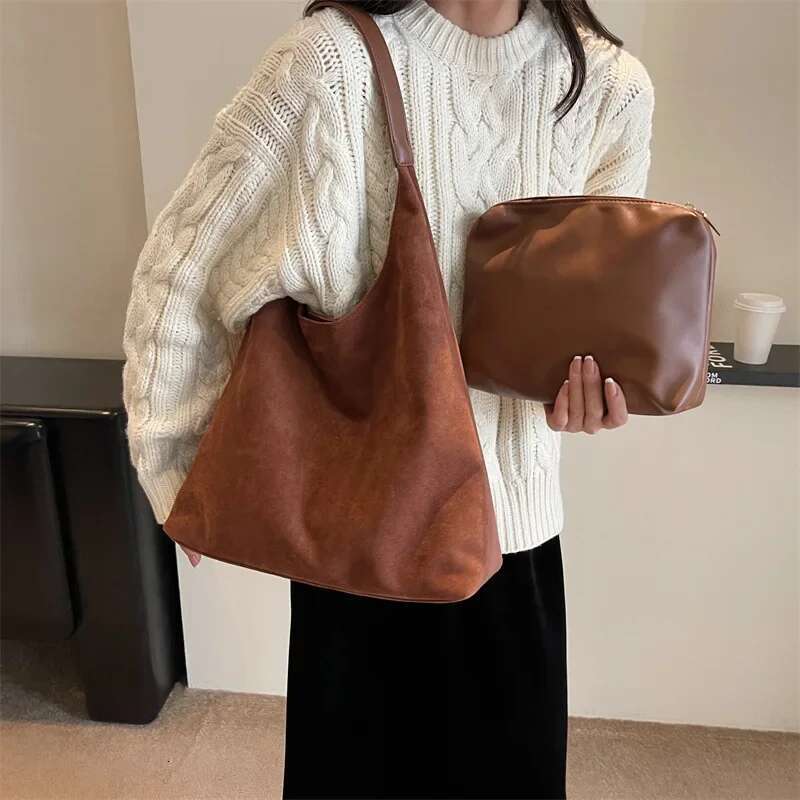 Autumn and Winter Vintage Women's Large Capacity Suede Shoulder Solid Color Simple Casual Commuter Bag Retro Handbags