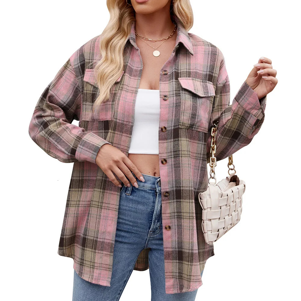 womens plain button top autumn loose warm long sleeved pocket casual shirt 250326