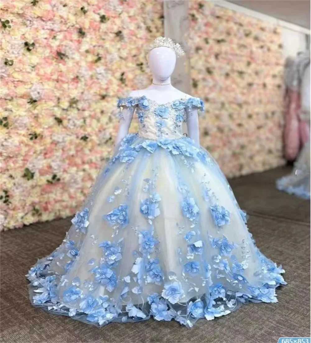 Customize a luxurious floral girl dress for the wedding with 3D floral decals elegant princess birthday Pars first communication ball dress W250326
