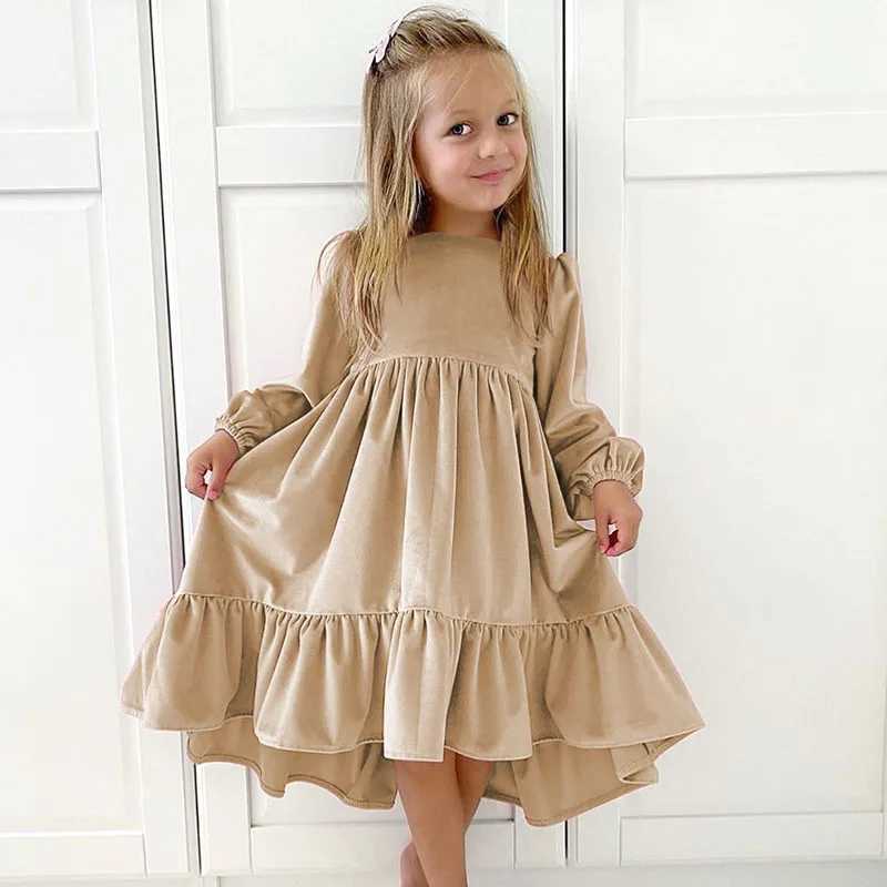 New 7-12-year-old girls spring and autumn winter velvet long sleeved pleated hem dress princess children Par dress childrens clothing W250326