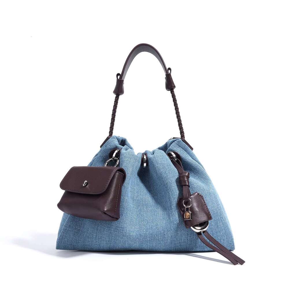 Women's Bags New Niche Design Denim With Genuine Leather Cloud Fashionable And Versatile Bucket Bag, Hand-Held Crossbody Bag For Women