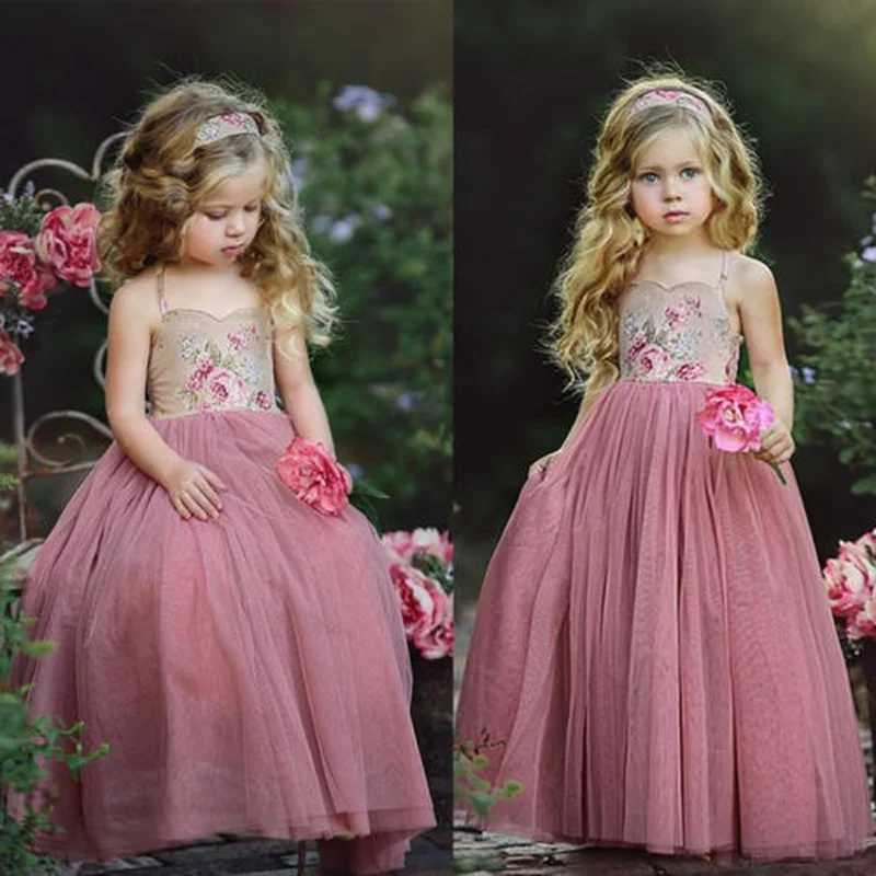 2019 New Princess Dress Childrens Pink Lace Flower Strap Dress Maxi Long Princess Par Childrens Summer Ball Dress W250326