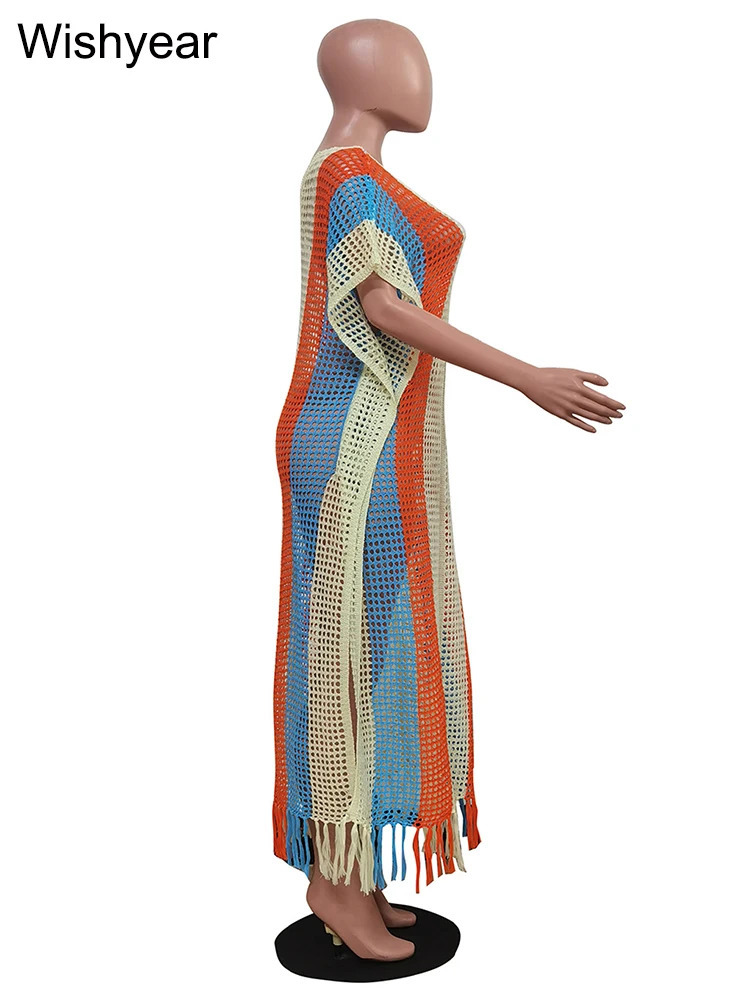 Rainbow crochet beach swimsuit womens sexy hollow knitted top short sleeved fringe swimsuit summer night club Vestido 250326