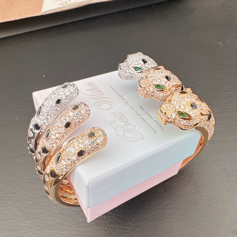 hion Panther Bangle Plated Gold Diamond Inlay Black Enamel Spots Green Eyes Leopard Head Open Cuff Ladies Sterling Silver Bangle S Z250910