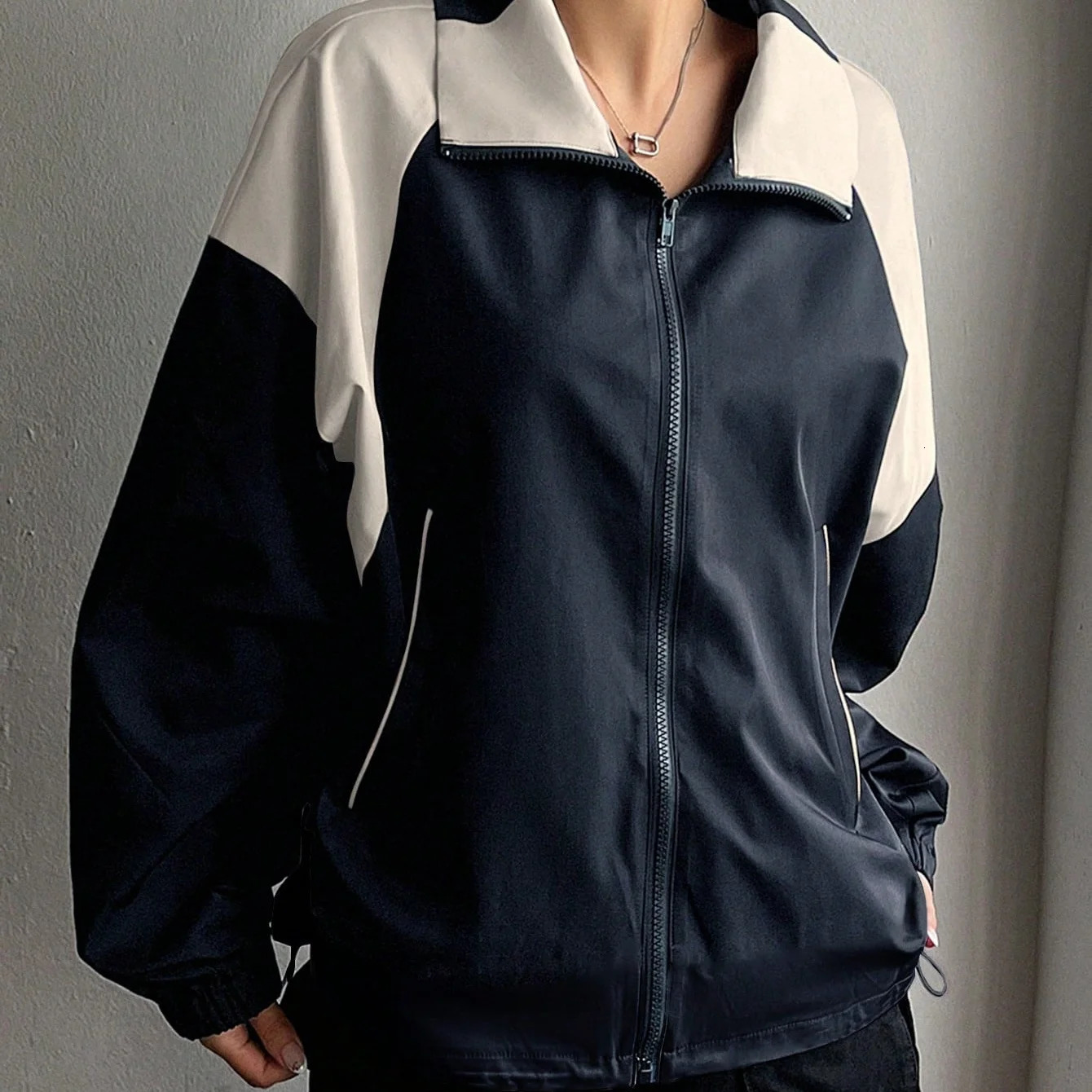 JHJN Navy Blue Womens Jacket Windproof Splicing Work Zipper Jacket and Hiking Outdoor Jacket Work Clothes Climbing Jacket 250321