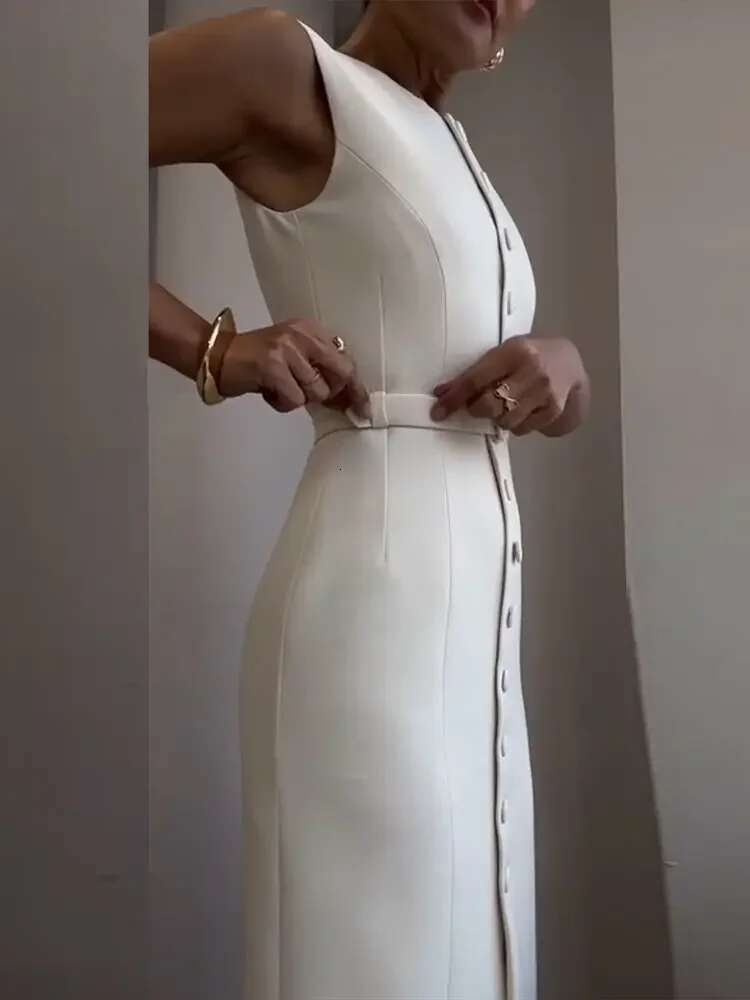 Elegant Single Breasted Sleeveless Midi Dress Women Belts O-Neck Slim Solid Dresses Spring New Chic Commute Lady Split Robe