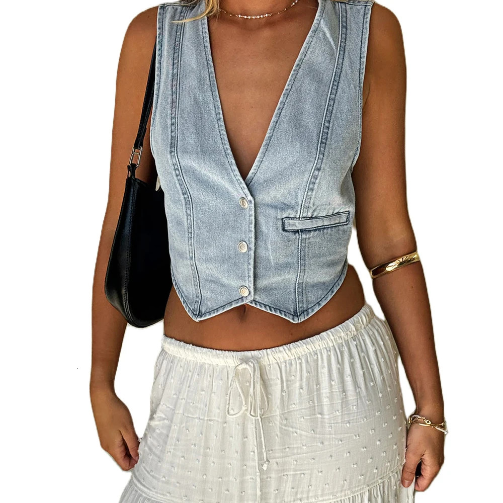 Mia Muse Denim Vests Fashion Daily Single Breasted Bright Line Decoration Sleeveless V-Neck Casual Vests For Women 250320