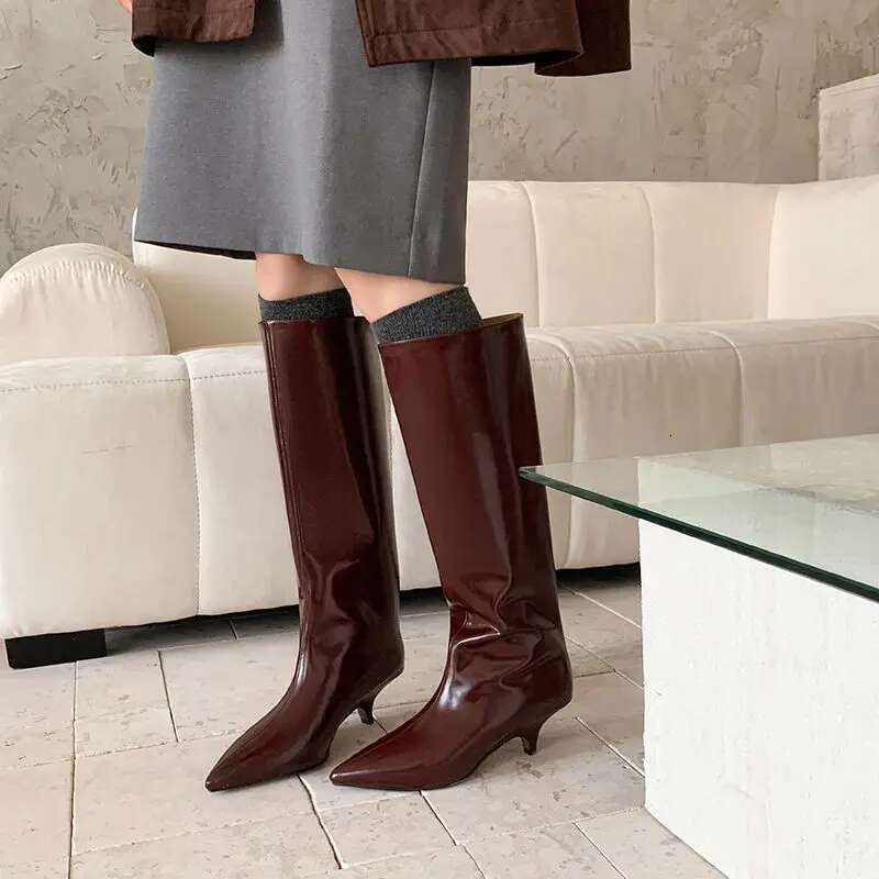 High Heel QUTAA News Winter Women Knee High Pointed Toe Fashion Woman Shoes Low Heel Leather Long Boots Black Size